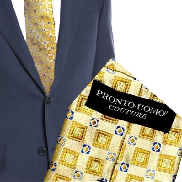 🇺🇸 Pronto Uomo Couture silk tie in yellow gold with light blue design accents - Picture 2 of 4